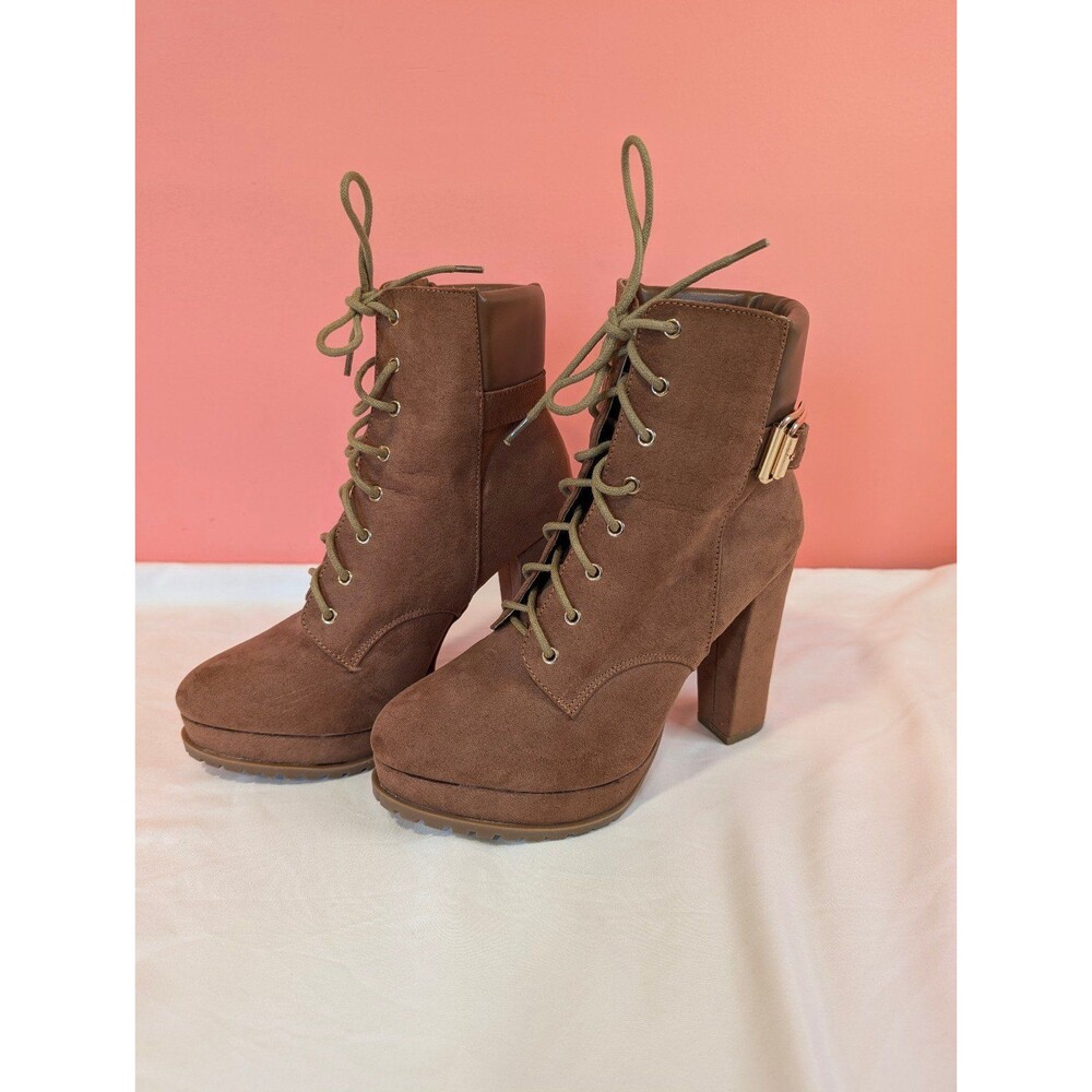 Women's Shoe Dazzle Alix Platform Hiker Bootie Lace Up Boots Brown US 7.5